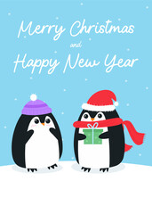 Christmas card in flat style. Penguin giving a penguin a gift on snowflake background. Two festive penguins in hats on snow and the inscription Merry Christmas and Happy New Year flat vector 