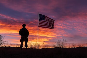  The silhouette of a soldier stands tall in front of a backlit American flag at sunset, symbolizing honor, service, and national pride.