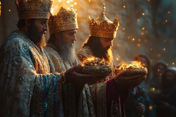  In the radiant light of the guiding star, the Three Wise Men stand reverently holding their gifts: a chest of gold, a vessel of frankincense, and a jar of myrrh.