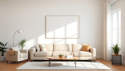 Fototapeta premium Sleek and minimalist living room bathed in natural light, featuring modern furniture and a serene ambiance.