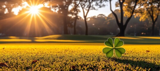 Four-leaf clover on a sunny golf course, peaceful nature with golden light and green grass.
