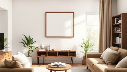 Blank Canvas in a Cozy Haven: Inviting living room with lush plants, a soft sofa, and a bookshelf against warm, textured walls with a blank picture frame awaiting personal touch.