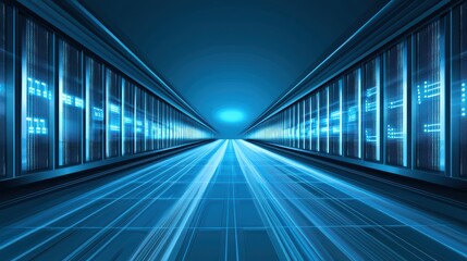 Fototapeta premium Futuristic data center interior with glowing blue lights and an illuminated pathway, conveying a sense of speed and advanced technology.