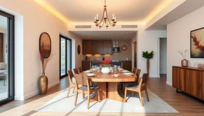 Elegantly set dining room table with a glimpse into a modern kitchen; a harmonious blend of inviting ambiance and sleek design.