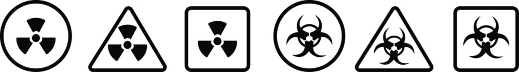 nuclear Radiation chemical biological icon set Toxic sign, Biohazard symbol, Vector graphic deign elements Danger label Warning icon. Radioactive threat alert. Radiation area on transparent background