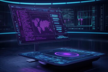 Obraz premium Futuristic holographic interface showcasing global data and analytics, set in a sleek, modern workspace with neon highlights.