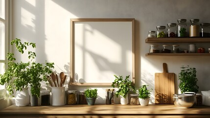 Fototapeta premium A bright and airy interior with a wooden shelf displaying kitchen utensils and potted herbs, enhanced by soft natural light casting shadows on the wall in a minimalist Scandinavian style.
