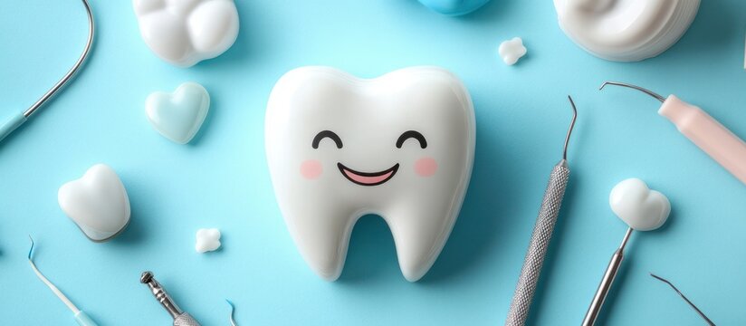 A smiling tooth model surrounded by dental tools on a light blue background.