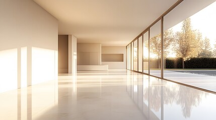 Fototapeta premium A bright modern interior showcasing minimalist architecture with sunlit hallways and floor-to-ceiling windows, reflecting natural light in a clean, spacious environment.