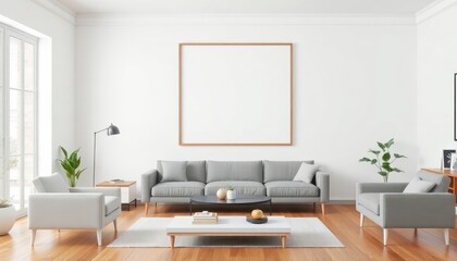 Fototapeta premium Cozy Modern Living Room: A serene retreat featuring a stylish sofa, sleek table, and minimalist bookshelf, creating an inviting space for relaxation and reading.