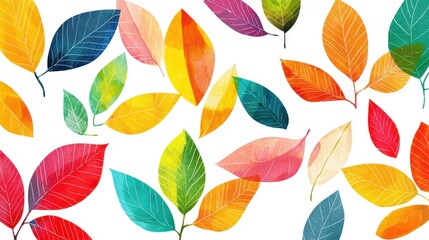 Obraz premium A whimsical design featuring an assortment of colorful leaves, arranged playfully on a bright white backdrop.