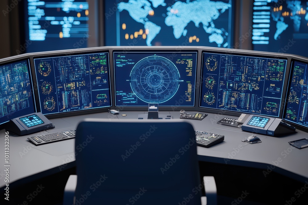 Poster high-tech control room with multiple screens displaying data analytics and visualizations. a modern 