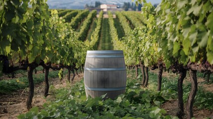 Vineyard Oasis: Wooden Barrel as Tourist Attraction Amidst Lush Vines