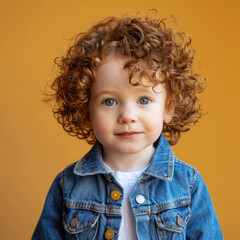 Naklejka premium Curly auburn hair of a Canadian toddler boy in denim jacket