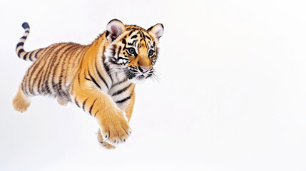 Obraz premium Adorable tiger cub playfully floating across a pristine white background, capturing the essence of freedom and innocence in nature's beauty.