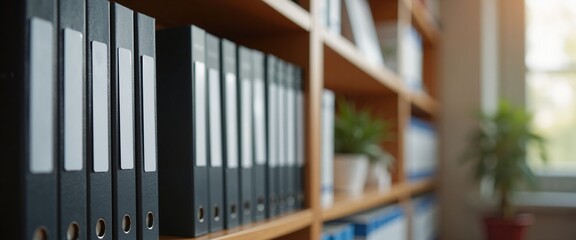 Organized office binders neatly arranged on wooden shelves with plants for professional storage