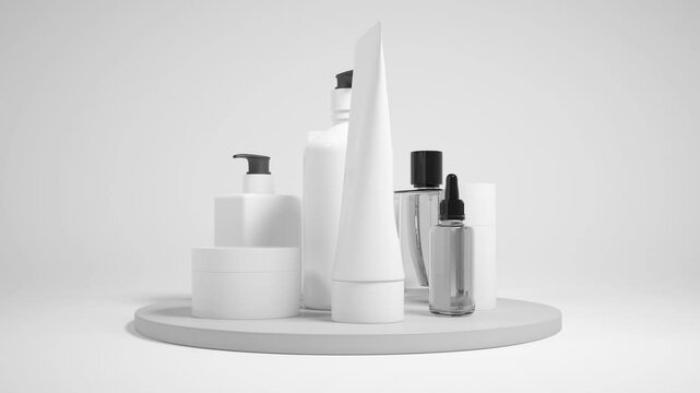 White cosmetic bottles on a round platform looping animation