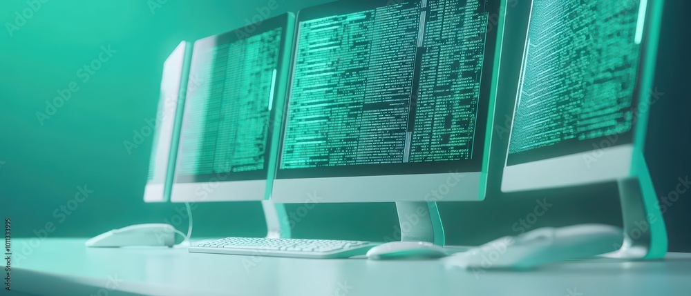Poster three modern desktop computers displaying digital code on screens with a futuristic teal background,
