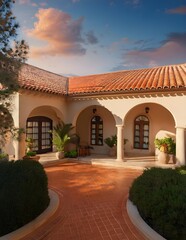Naklejka premium The villa showcases arched windows and a traditional terracotta roof, with warm earth tones and elegant architectural details that reflect Mediterranean charm and luxury. The arched windows and tiled 