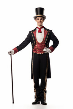 Friendly male ringmaster in full circus outfit with top hat and cane