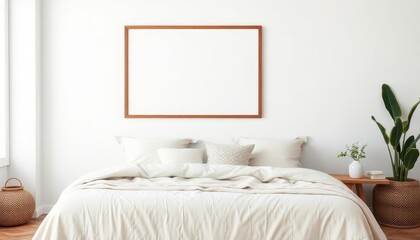 Tranquil coastal boho bedroom with earthy tones highlights natural textures; woven accents blend harmoniously with gentle blues and sandy hues, evoking a serene beachside retreat.