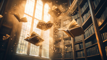 Magical Vintage Library Filled With Ancient Books Floating In Mid-air, With Large Windows, Warm Atmosphere, Fantasy Vintage Library Concept