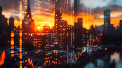A financial district skyline featuring modern skyscrapers reflecting golden hour light, capturing the dynamic atmosphere of a corporate hub within an urban cityscape.