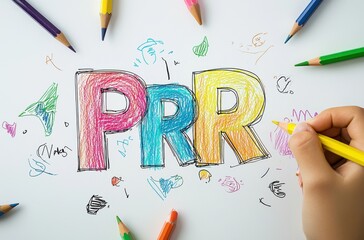 Creative drawing features colorful PR letters surrounded by doodles and crayons illustrating...