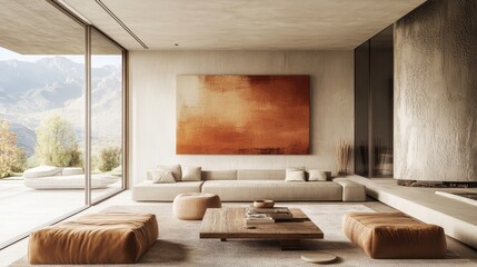 Cozy earth-tone living room, abstract wall art, warm decor, modern furniture, bright natural light, large windows, soft textures