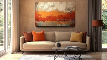 Earth-tone living room, modern design, cozy sofa, abstract wall art, warm color scheme, large windows offering bright natural light