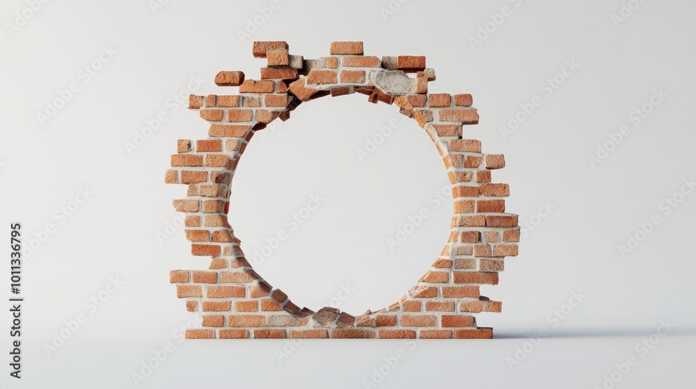 Poster break in a brick wall with a circular opening isolated on a plain background