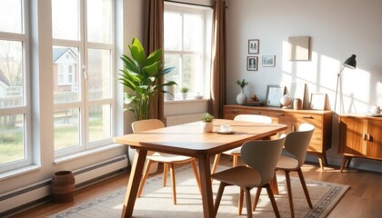 Elegant Dining Oasis: A beautifully arranged dining room featuring a sleek table and cozy chairs, offering a serene and inviting atmosphere.