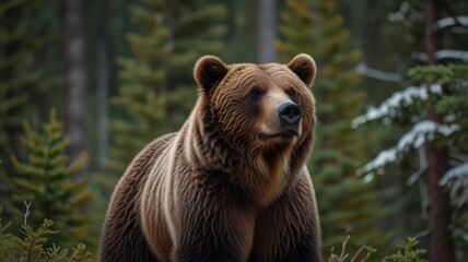 Obraz premium A large brown bear stands in a forest, looking out at the viewer. The bear has a thick coat of fur and a powerful build.