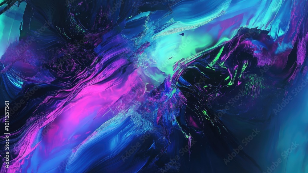 Poster Abstract background in blue green and purple featuring intertwined digital glitch and distortion effects Emphasizing a futuristic cyberpunk design with retro rave elements