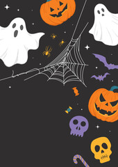 Halloween poster for cards and spooky party invitations with space for text on black background. Vector flyer with pumpkin, ghosts, cobwebs, spiders and Halloween illustrations