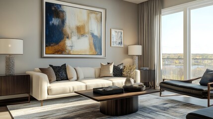 Inviting earth-tone living room, abstract artwork, clear windows, warm modern design, comfortable sofa, decorative accents
