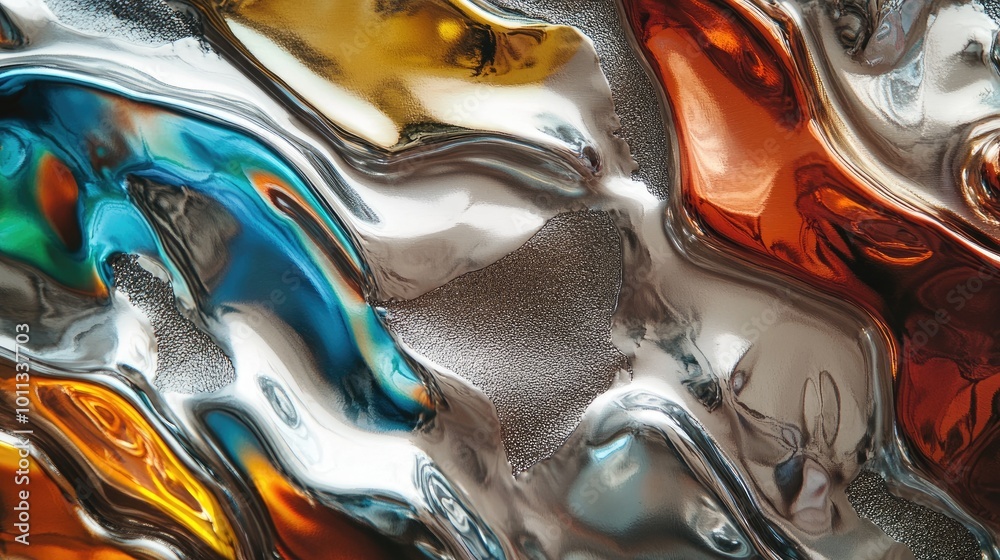 Poster Colored reflective silver foil with an abstract metallic relief Features an organic design with a rough wavy surface and curved round shapes