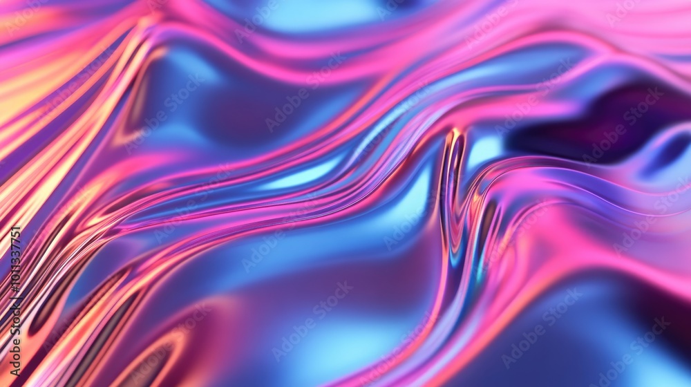 Aufkleber 3D render of an abstract background featuring iridescent holographic foil wavy patterns fluid ripples and a shimmering metallic surface in vibrant hues ideal for creative uses in fashion and web de