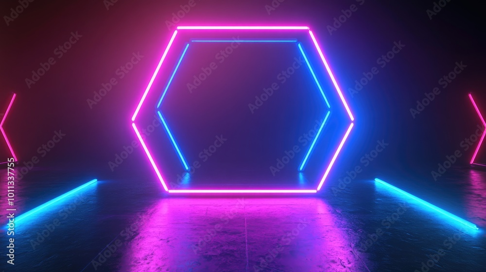 Aufkleber 3D render of a hexagonal frame in blue and pink neon creating an empty space illuminated by ultraviolet light evoking an abstract 80 s retro style for a fashion show stage backdrop