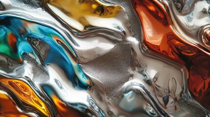 Colored reflective silver foil with an abstract metallic relief Features an organic design with a rough wavy surface and curved round shapes