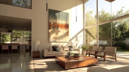 Fototapeta premium Modern interior with earth tones, natural light through large windows, abstract wall paintings, warm wood furniture, cozy atmosphere