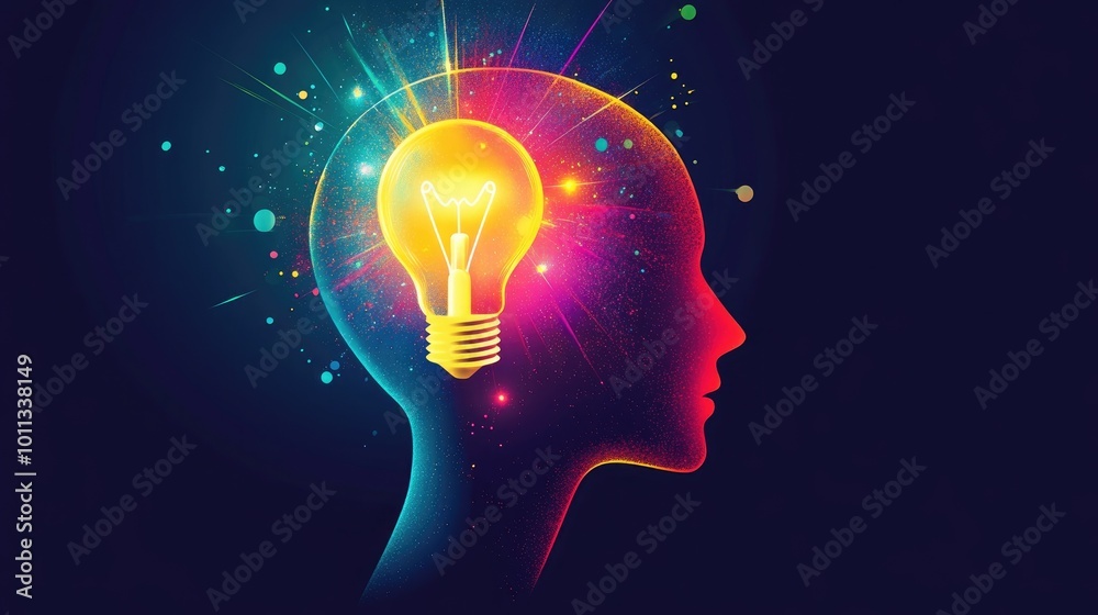 Poster Colorful head silhouette featuring a luminous light bulb within symbolizing ideas intelligence and innovation with ample space for text Created using various tools