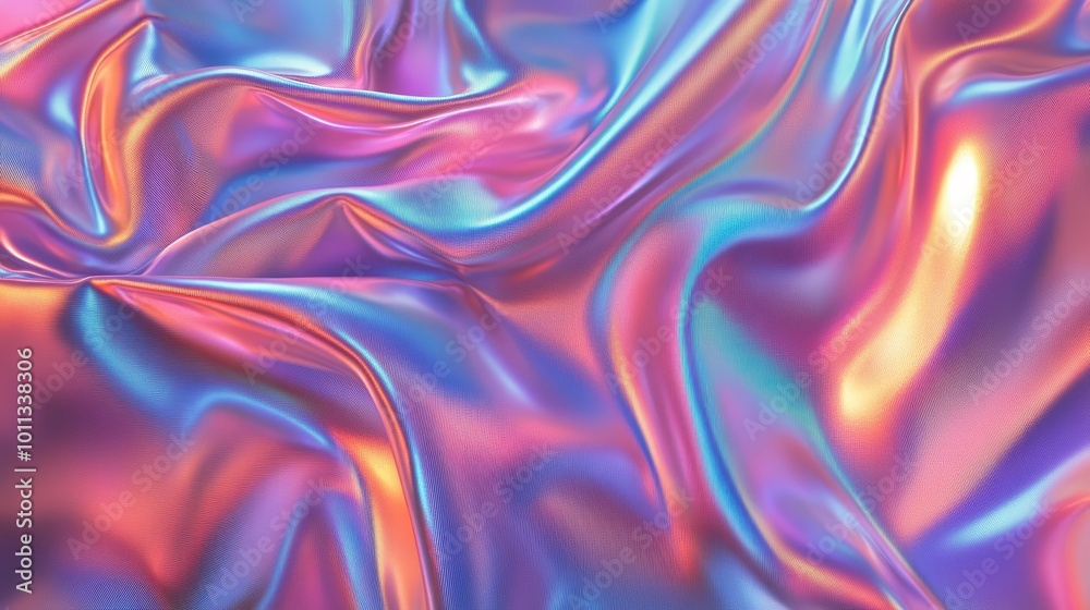Poster 3D render of an abstract background featuring iridescent holographic foil wavy patterns fluid ripples and a shimmering metallic surface in vibrant hues ideal for creative uses in fashion and web de