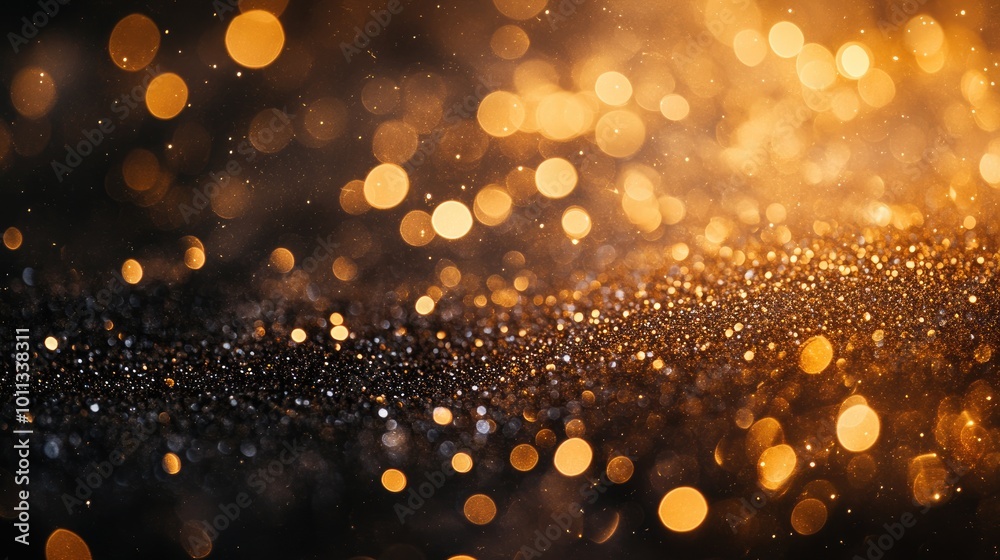 Poster Abstract shimmering gold bokeh background with glitters and ample white space for text