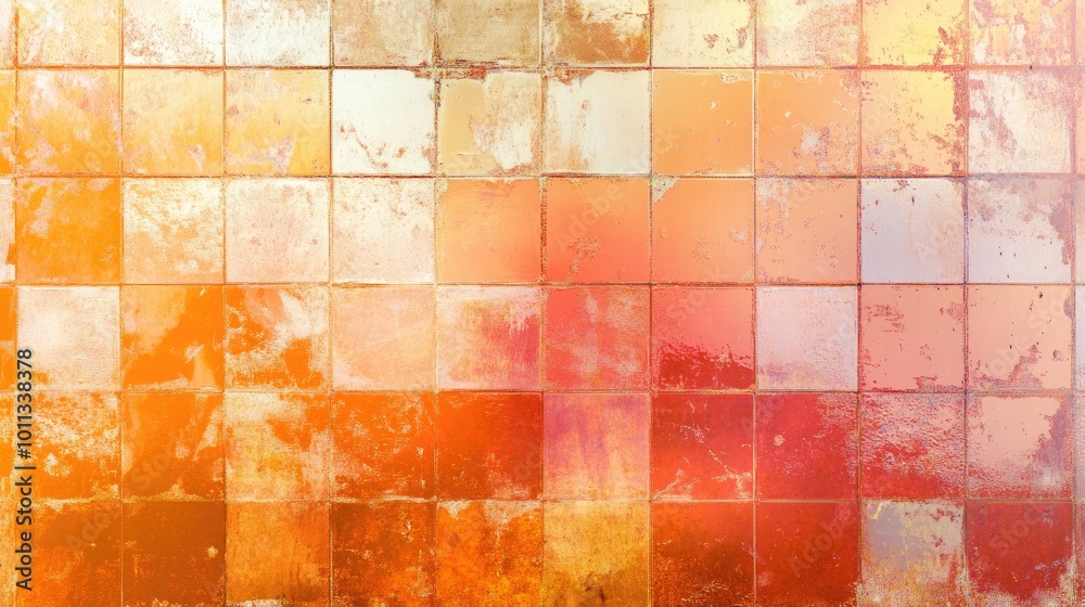 Poster abstract grunge texture featuring peach fuzz and orange pink hues resembling a mosaic tile mirror wa