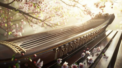 Obraz premium Elegant Guzheng with Floral Accents and Soft Lighting