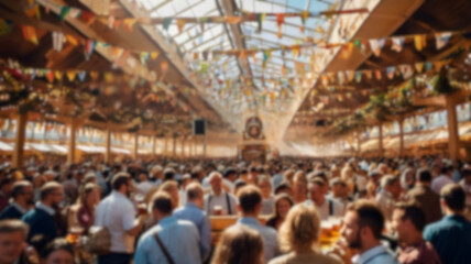 Blur image of a large crowd of people at the Oktoberfest  for background usage.
