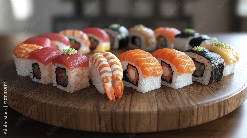 Poster 3D model showcasing an assortment of delicious sushi on a wooden plate Includes various types like tuna crab salmon eel and rolls