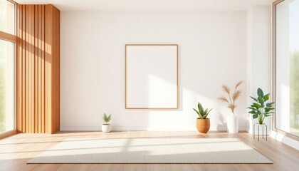Fototapeta premium Serene minimalist living room featuring soft hues and sleek lines, where natural light gently illuminates understated modern furnishings, creating a tranquil and sophisticated ambiance.