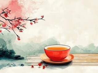 Traditional Japanese teacup flat design side view zen garden theme water color vivid